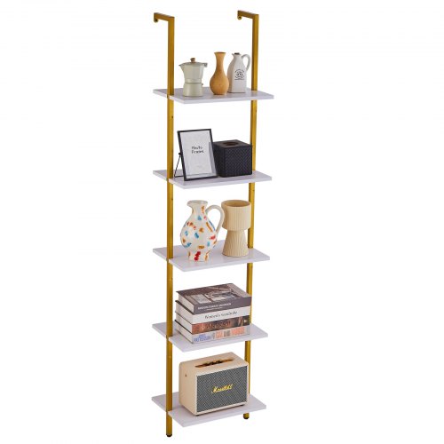 Ladder Shelf, 5-Tier Bookshelf 15.6x11.8in, Open Wall-Mounted Ladder Shelf with Metal Frame,Storage Rack Sundries Holder for Kitchen Bedroom Bathroom Living Room, Gold White