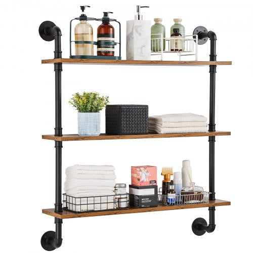Industrial Pipe Shelf, 3 Tier 32x7.87in, Wall-Mount Floating Rustic Wood Shelves Bracket Display Bookshelf, Storage Rack Sundries Holder for Kitchen Bedroom Bathroom Living Room, Black