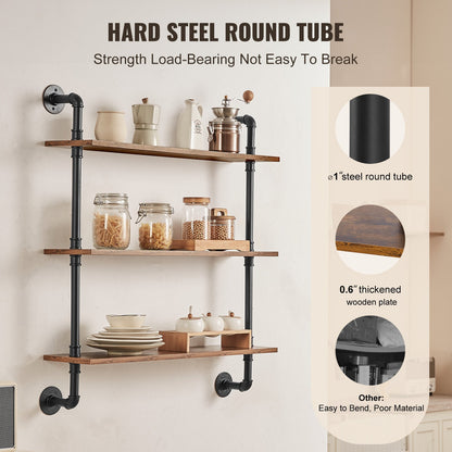 Industrial Pipe Shelf, 3 Tier 32x7.87in, Wall-Mount Floating Rustic Wood Shelves Bracket Display Bookshelf, Storage Rack Sundries Holder for Kitchen Bedroom Bathroom Living Room, Black