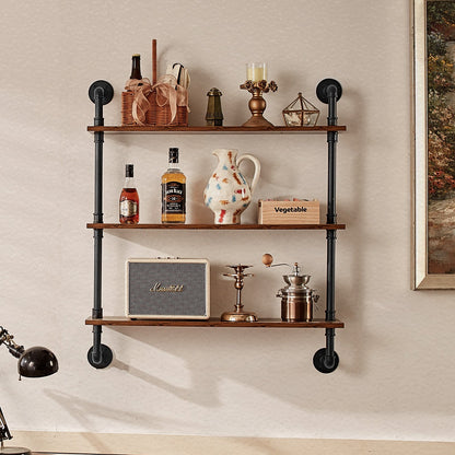 Industrial Pipe Shelf, 3 Tier 32x7.87in, Wall-Mount Floating Rustic Wood Shelves Bracket Display Bookshelf, Storage Rack Sundries Holder for Kitchen Bedroom Bathroom Living Room, Black