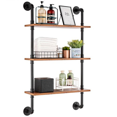 Industrial Pipe Shelf, 3 Tier 24x7.87in, Wall-Mount Floating Rustic Wood Shelves Bracket Display Bookshelf, Storage Rack Sundries Holder for Kitchen Bedroom Bathroom Living Room, Black