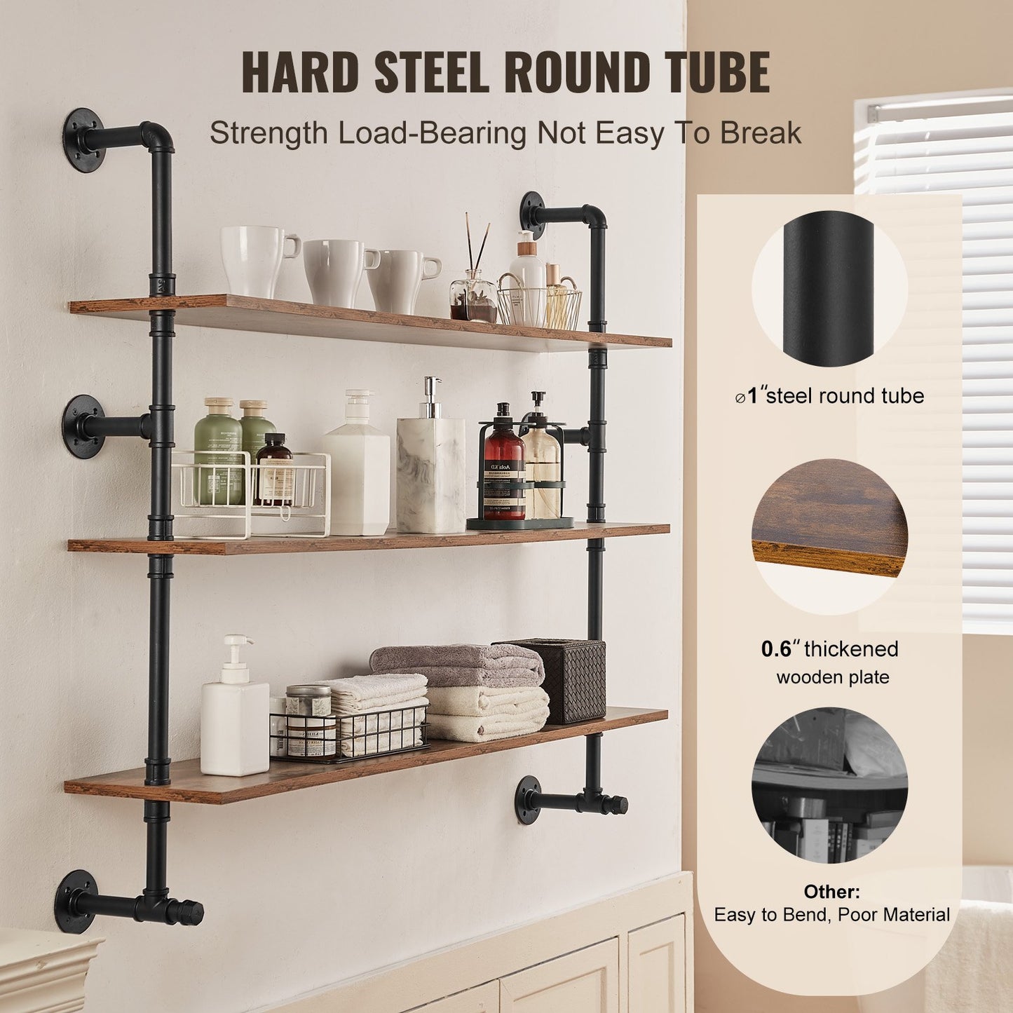 Industrial Pipe Shelf, 3 Tier 48x9.84in, Wall-Mount Floating Rustic Wood Shelves Bracket Display Bookshelf, Storage Rack Sundries Holder for Kitchen Bedroom Bathroom Living Room, Black