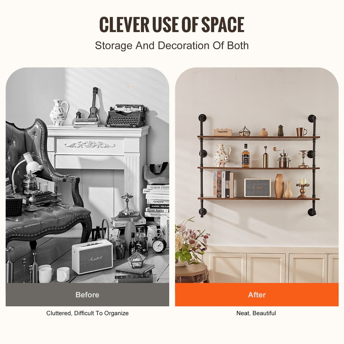 Industrial Pipe Shelf, 3 Tier 48x9.84in, Wall-Mount Floating Rustic Wood Shelves Bracket Display Bookshelf, Storage Rack Sundries Holder for Kitchen Bedroom Bathroom Living Room, Black