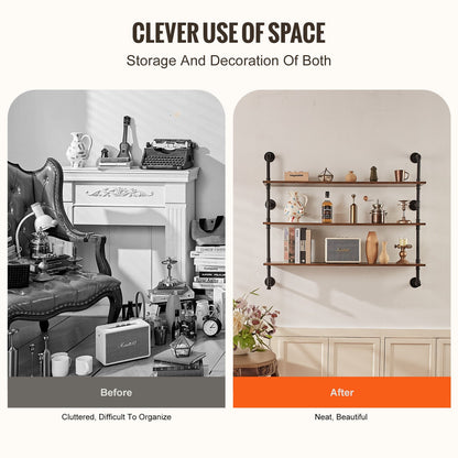 Industrial Pipe Shelf, 3 Tier 48x9.84in, Wall-Mount Floating Rustic Wood Shelves Bracket Display Bookshelf, Storage Rack Sundries Holder for Kitchen Bedroom Bathroom Living Room, Black