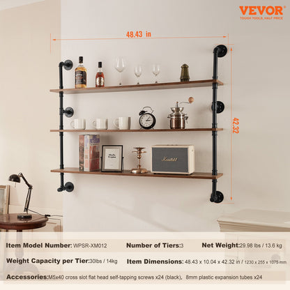 Industrial Pipe Shelf, 3 Tier 48x9.84in, Wall-Mount Floating Rustic Wood Shelves Bracket Display Bookshelf, Storage Rack Sundries Holder for Kitchen Bedroom Bathroom Living Room, Black