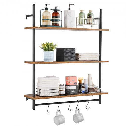 Industrial Pipe Shelf, 3 Tier 32x9.84in, Wall-Mount Floating Rustic Wood Shelves Bracket Display Bookshelf, Storage Rack Sundries Holder for Kitchen Bedroom Bathroom Living Room, Black