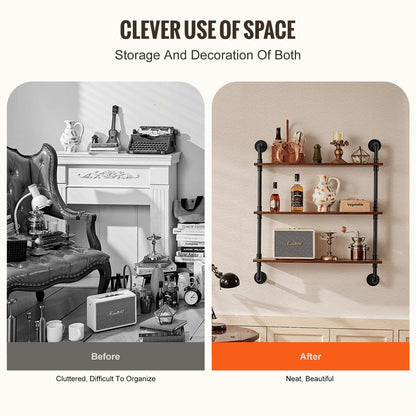 Industrial Pipe Shelf, 3 Tier 32x9.84in, Wall-Mount Floating Rustic Wood Shelves Bracket Display Bookshelf, Storage Rack Sundries Holder for Kitchen Bedroom Bathroom Living Room, Black