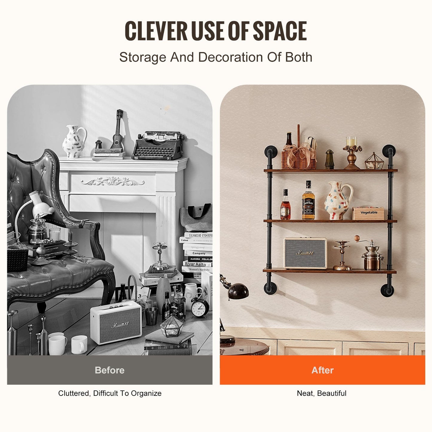 Industriell rörhylla, 3 nivåer 32x9,84 tum, väggmonterad flytande rustik trähylla, konsol, bokhylla, förvaringsställ, diversehållare för kök, sovrum, badrum, vardagsrum, svart