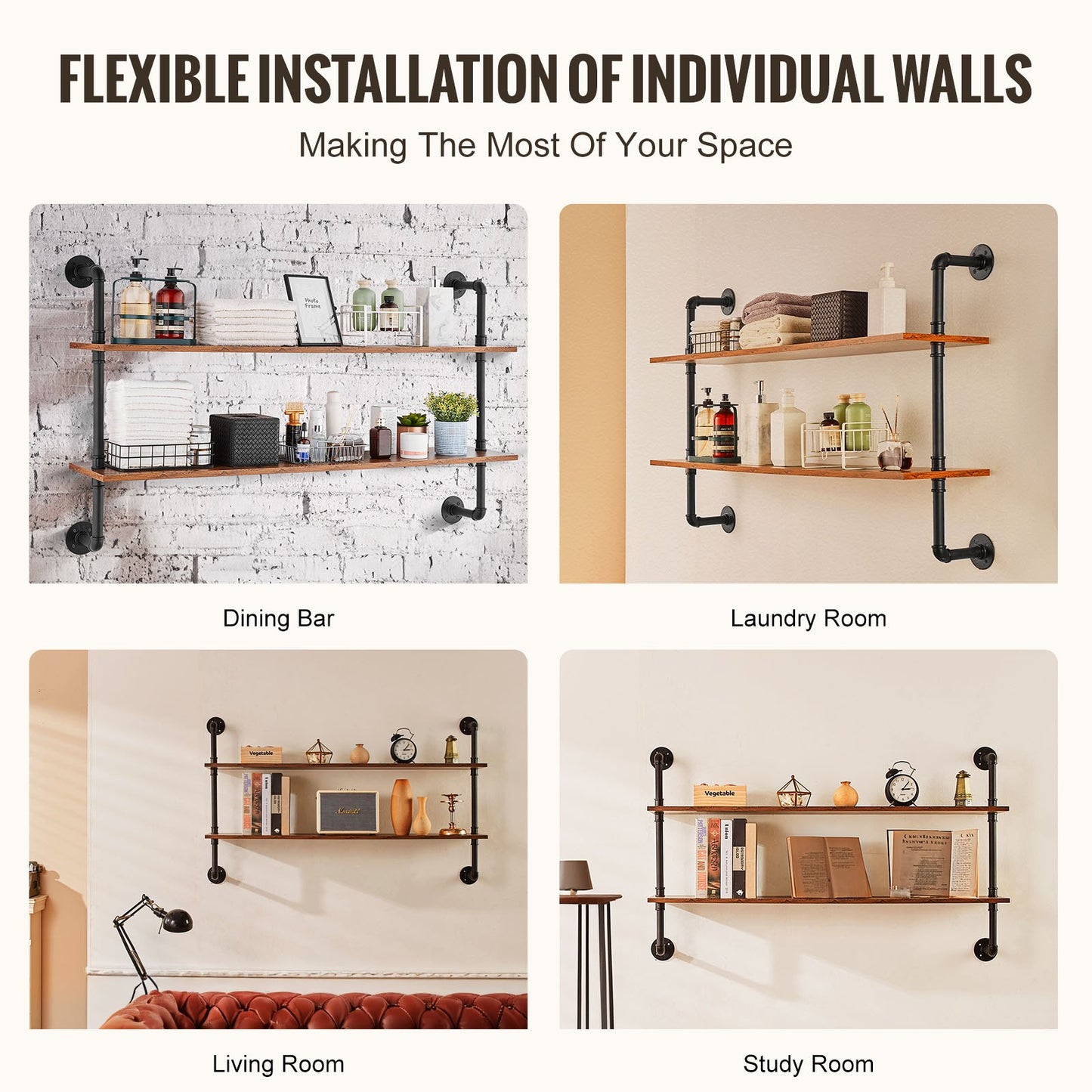 Industrial Pipe Shelf, 2 Tier 48x 9.84in, Wall-Mount Floating Rustic Wood Shelves Bracket Display Bookshelf, Storage Rack Sundries Holder for Kitchen Bedroom Bathroom Living Room, Black