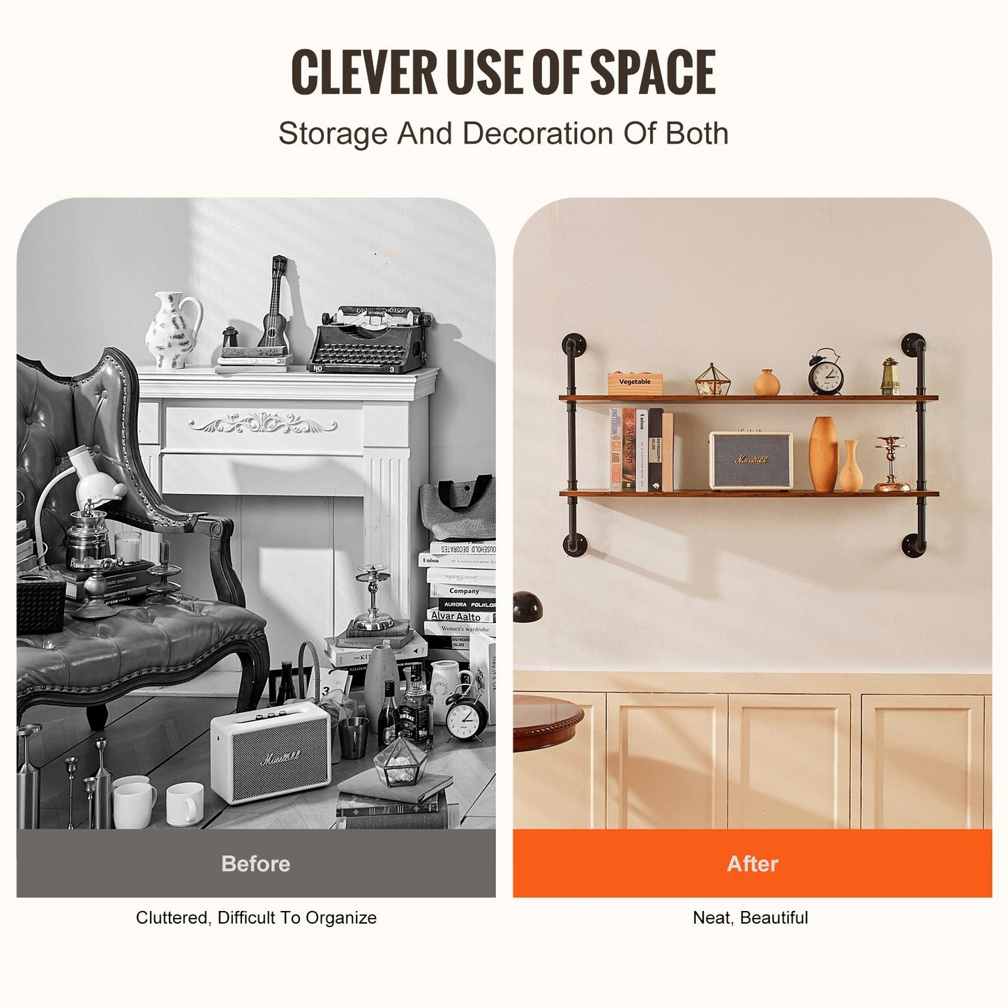 Industrial Pipe Shelf, 2 Tier 48x 9.84in, Wall-Mount Floating Rustic Wood Shelves Bracket Display Bookshelf, Storage Rack Sundries Holder for Kitchen Bedroom Bathroom Living Room, Black