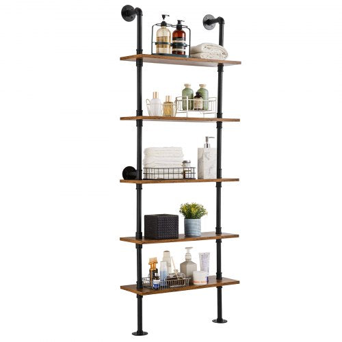 Industrial Pipe Shelf, 5 Tier 24x9.84in, Wall-Mount Floating Rustic Wood Shelves Bracket Display Bookshelf, Storage Rack Sundries Holder for Kitchen Bedroom Bathroom Living Room, Black