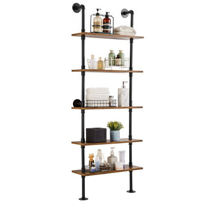 Industrial Pipe Shelf, 5 Tier 24x9.84in, Wall-Mount Floating Rustic Wood Shelves Bracket Display Bookshelf, Storage Rack Sundries Holder for Kitchen Bedroom Bathroom Living Room, Black