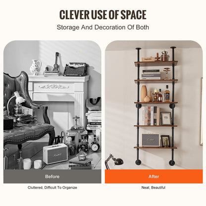 Industrial Pipe Shelf, 5 Tier 24x9.84in, Wall-Mount Floating Rustic Wood Shelves Bracket Display Bookshelf, Storage Rack Sundries Holder for Kitchen Bedroom Bathroom Living Room, Black