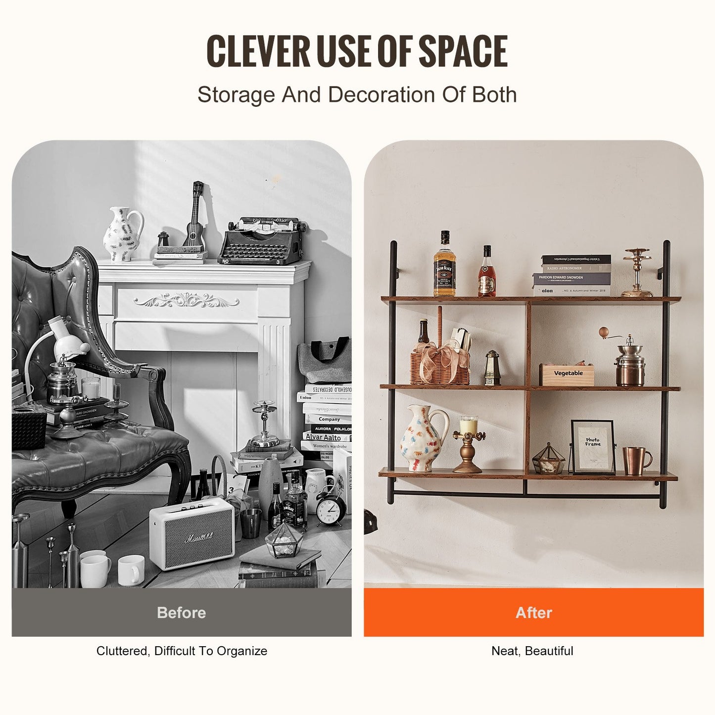 Industrial Pipe Shelf, 3 Tier 41.5x9.84in, Wall-Mount Floating Rustic Wood Shelves Bracket Display Bookshelf, Storage Rack Sundries Holder for Kitchen Bedroom Bathroom Living Room, Black