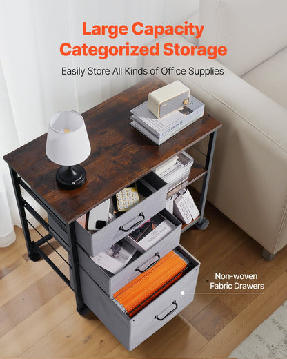 Metal File Cabinet, Mobile Filing Cabinet with 3 Fabric Drawers and 2 Open Shelves, Wooden Vertical Filing Storage Cabinets with Wheels for Letter, A4, Legal Size File, Easy Assembly, Brown