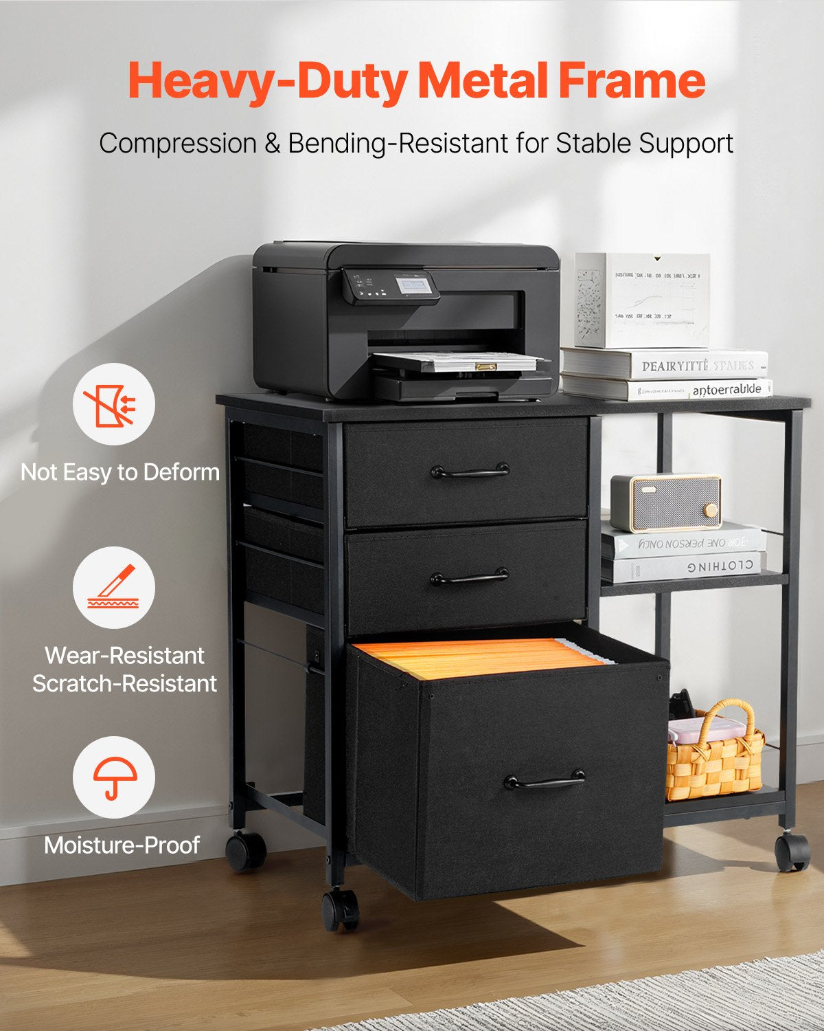 Metallskåp, mobilt arkivskåp med 3 tyglådor och 2 öppna hyllor, vertikala arkivskåp i trä med hjul för Letter-, A4- och Legal-pärmar, enkel montering, svart