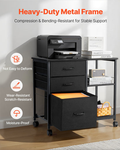 Metallskåp, mobilt arkivskåp med 3 tyglådor och 2 öppna hyllor, vertikala arkivskåp i trä med hjul för Letter-, A4- och Legal-pärmar, enkel montering, svart