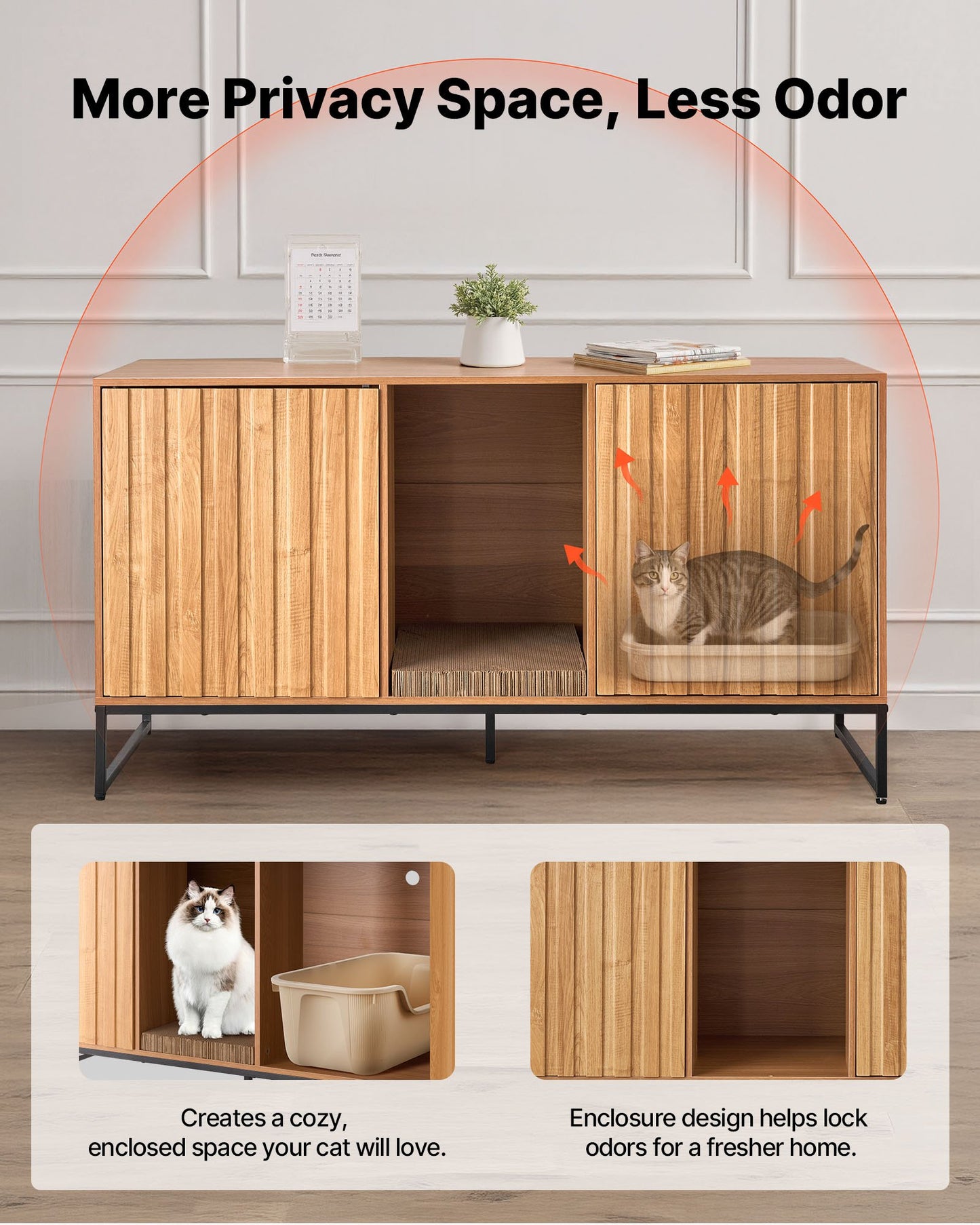 Cat Litter Box Enclosure Furniture, 120 cm Hidden Litter Box Cabinet with Scratch Pad & Storage, Waterproof Cat Washroom End Table Cat House, Fit Most of Litterbox, for Bedroom Living Room
