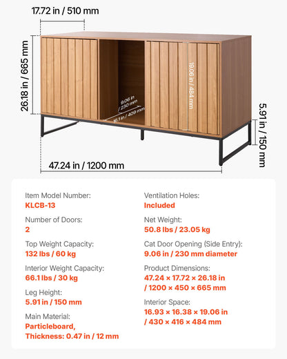 Cat Litter Box Enclosure Furniture, 120 cm Hidden Litter Box Cabinet with Scratch Pad & Storage, Waterproof Cat Washroom End Table Cat House, Fit Most of Litterbox, for Bedroom Living Room