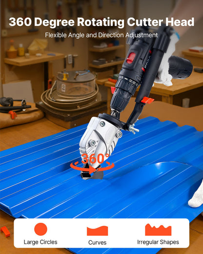 Metal Shear/Cutter Drill Attachment, Sheet Metal Cutter with 360-Degree Pivoting Head, Sharp Blades,Ideal for 1.22 mm Galvanized Steel, 1 mm Stainless Steel, Aluminum Plate, Plastic, Cardboard
