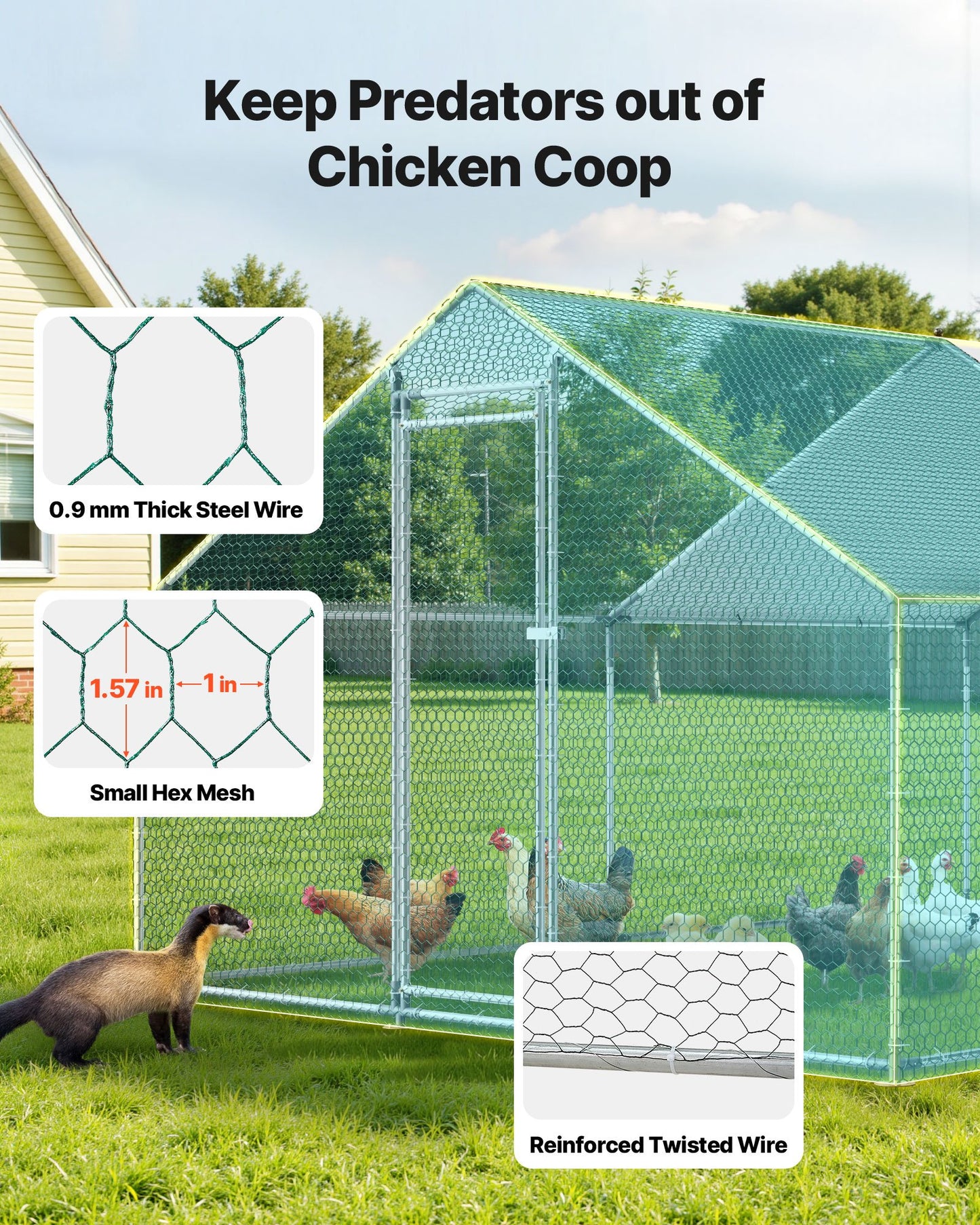 Metal Chicken Coop, 9.8x13.1x6.5 ft Large Walk-in Chicken Runs with Cover, Spire Roof Hen House Enclosure with Security Lock, Outdoor Duck Rabbit Cage Poultry Pen for Backyard, Farm, Yard