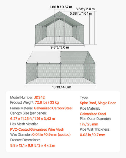 Metal Chicken Coop, 9.8x13.1x6.5 ft Large Walk-in Chicken Runs with Cover, Spire Roof Hen House Enclosure with Security Lock, Outdoor Duck Rabbit Cage Poultry Pen for Backyard, Farm, Yard