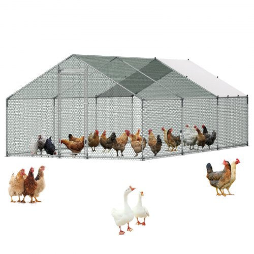 Metal Chicken Coop, 9.8x19.6x6.5 ft Large Walk-in Chicken Runs with Cover, Spire Roof Hen House Enclosure with Security Lock, Outdoor Duck Rabbit Cage Poultry Pen for Backyard, Farm, Yard