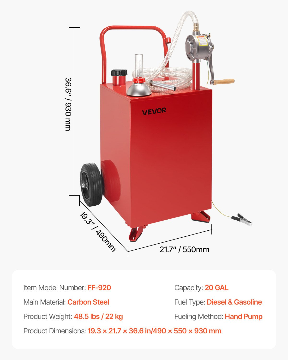 20-gallons bränslebehållare, bensin- och dieseltank med manuell överföringspump, bärbar bränsletank med 2 hjul och 10 fots slang, bensinbehållare för bilar, gräsklippare, fyrhjulingar, båtar, mer, röd