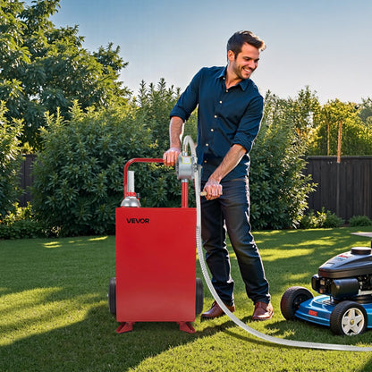 20-gallons bränslebehållare, bensin- och dieseltank med manuell överföringspump, bärbar bränsletank med 2 hjul och 10 fots slang, bensinbehållare för bilar, gräsklippare, fyrhjulingar, båtar, mer, röd