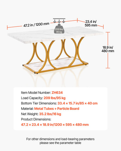 Coffee Table, Modern Faux Marble Coffee Table, Large 2-Tier Rectangle Center Desk with Geometric Legs, Minimalist Sturdy Metal Frame Accent End Desk for Living Room, Office, Easy Assembly, White