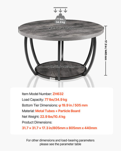 Coffee Table, Modern Round Coffee Table, 2 Tiers Wooden Circle Center Desk with Open Storage, Minimalist Sturdy Metal Frame Accent End Desk for Living Room, Office, Easy Assembly, Grey