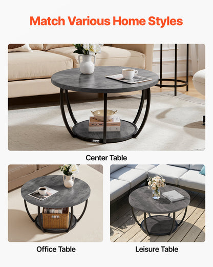 Coffee Table, Modern Round Coffee Table, 2 Tiers Wooden Circle Center Desk with Open Storage, Minimalist Sturdy Metal Frame Accent End Desk for Living Room, Office, Easy Assembly, Grey