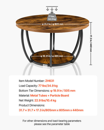 Coffee Table, Modern Round Coffee Table, 2 Tiers Wooden Circle Center Desk with Open Storage, Minimalist Sturdy Metal Frame Accent End Desk for Living Room, Office, Easy Assembly, Rustic Brown