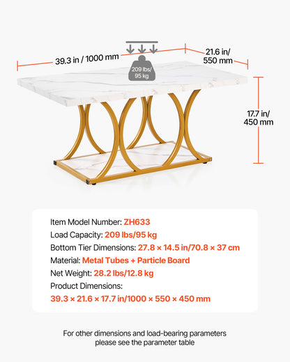 Coffee Table, Modern Faux Marble Coffee Table, 2-Tier Rectangle Center Desk with Geometric Legs, Minimalist Sturdy Metal Frame Accent End Desk for Living Room, Office, Easy Assembly, White