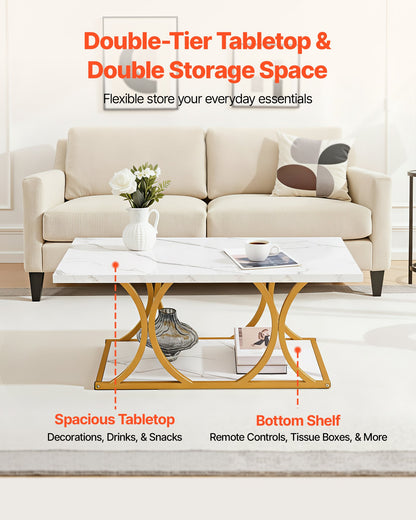 Coffee Table, Modern Faux Marble Coffee Table, 2-Tier Rectangle Center Desk with Geometric Legs, Minimalist Sturdy Metal Frame Accent End Desk for Living Room, Office, Easy Assembly, White