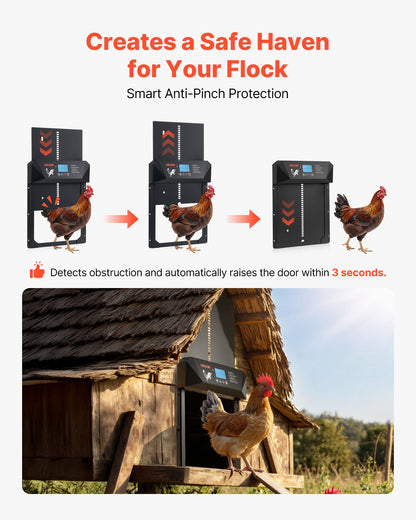 Automatisk hönshusdörr, DC- och batteridriven hönsdörr med LCD-skärm, ljussensor, timer och manuell inställning, klämskydd, hållbar aluminiumlegering, grindöppnare till hönshus för gård