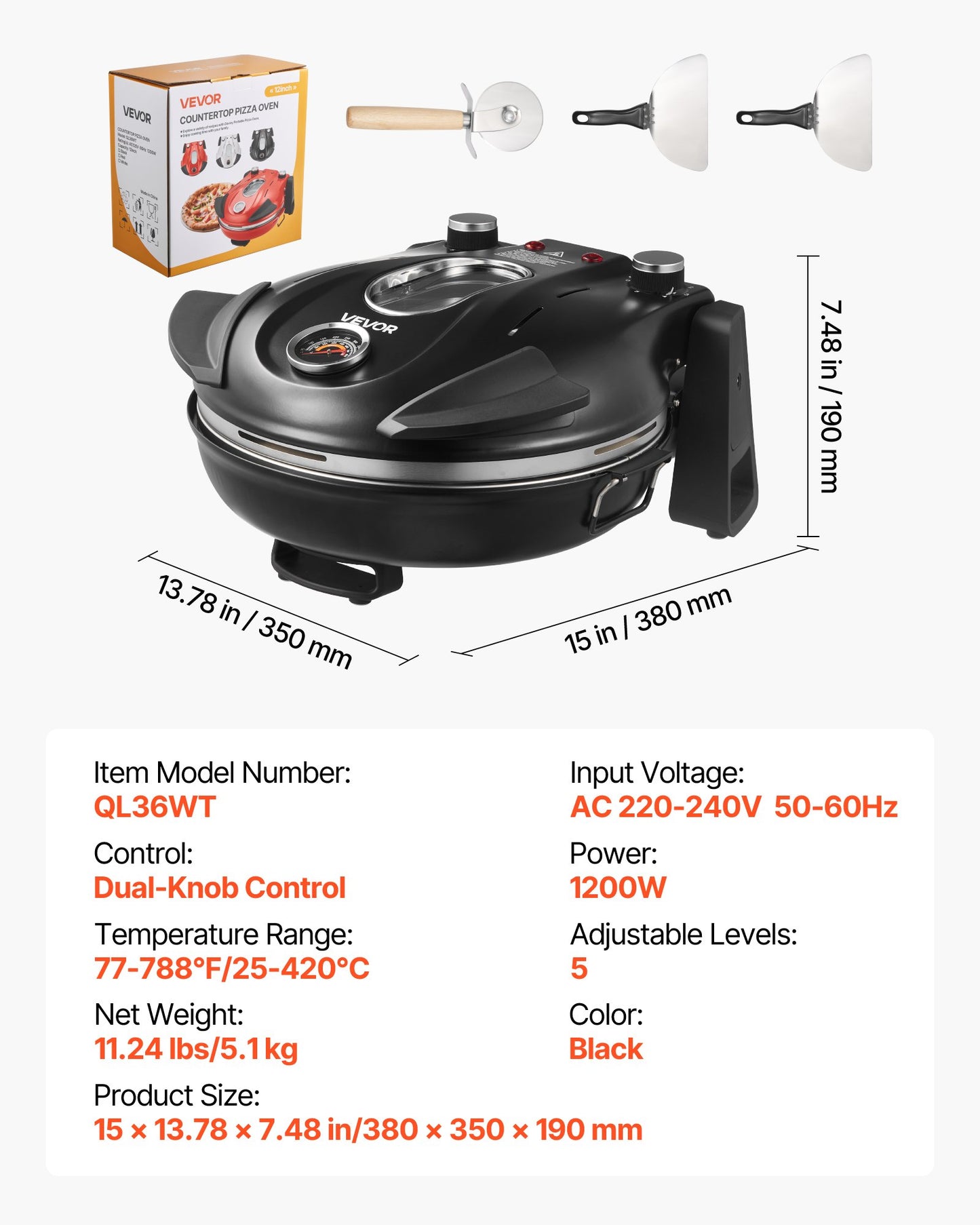 Pizza Oven, 304.8 mm Electric Pizza Maker, 1200W Electric Pizzas Cooker with Cordierite Stone, 5-Mode Temperature Control, Viewing Window for Precise Cooking, Heats up to 420℃, for Home (Black)