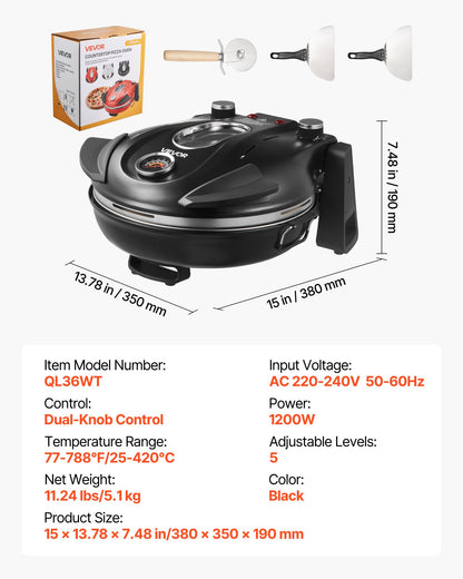 Pizza Oven, 304.8 mm Electric Pizza Maker, 1200W Electric Pizzas Cooker with Cordierite Stone, 5-Mode Temperature Control, Viewing Window for Precise Cooking, Heats up to 420℃, for Home (Black)