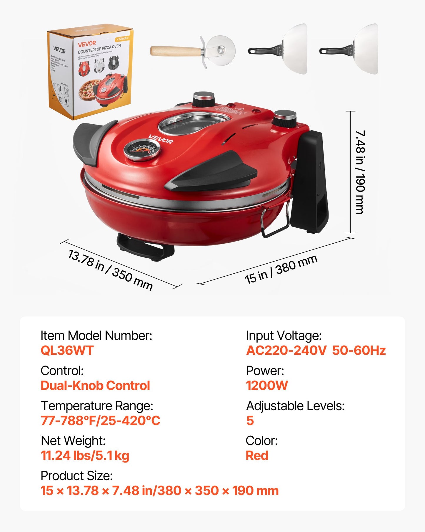 Pizza Oven, 304.8 mm Electric Pizza Maker, 1200W Electric Pizzas Cooker with Cordierite Stone, 5-Mode Temperature Control, Viewing Window for Precise Cooking, Heats up to 420℃, for Home (Red)