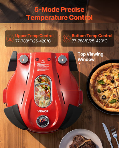 Pizza Oven, 304.8 mm Electric Pizza Maker, 1200W Electric Pizzas Cooker with Cordierite Stone, 5-Mode Temperature Control, Viewing Window for Precise Cooking, Heats up to 420℃, for Home (Red)