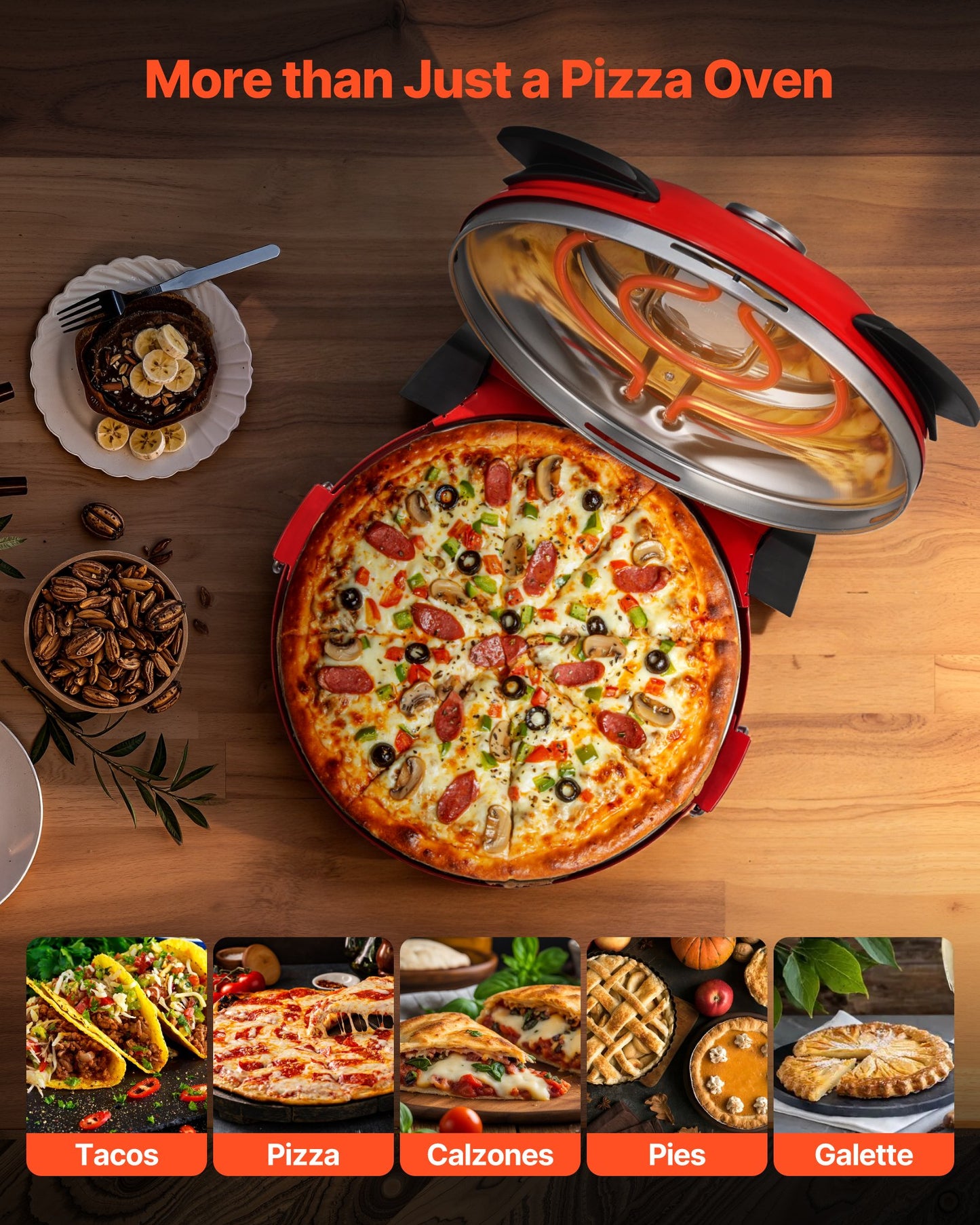 Pizza Oven, 304.8 mm Electric Pizza Maker, 1200W Electric Pizzas Cooker with Cordierite Stone, 5-Mode Temperature Control, Viewing Window for Precise Cooking, Heats up to 420℃, for Home (Red)