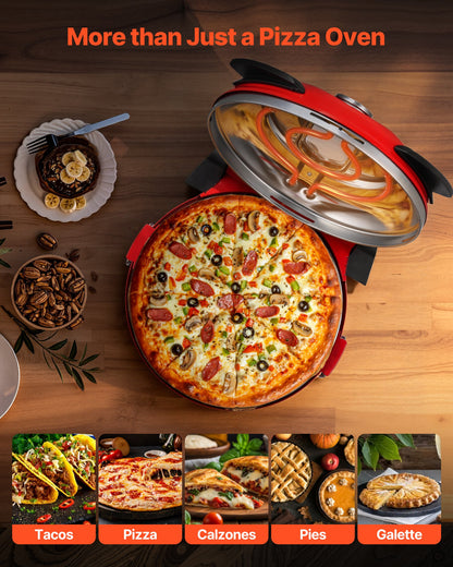 Pizza Oven, 304.8 mm Electric Pizza Maker, 1200W Electric Pizzas Cooker with Cordierite Stone, 5-Mode Temperature Control, Viewing Window for Precise Cooking, Heats up to 420℃, for Home (Red)