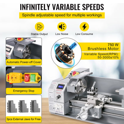 Mini Metal Lathe 750W Variable Speed Metal Lathe 50 to 3000Rpm Milling Precision Lathe 220 x 600mm for Metal Metal Lathe for Counter Face Turning Driling