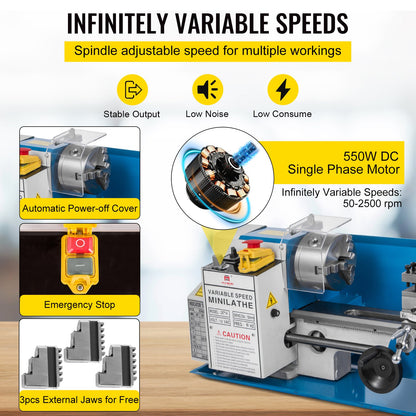 Mini Metal Lathe 550W Variable Speed Metal Lathe 50 to 2500Rpm Precision Mini Benchtop Lathe 7x14 Inch for Mini Precision Parts Processing Sample Processing Modeling Works