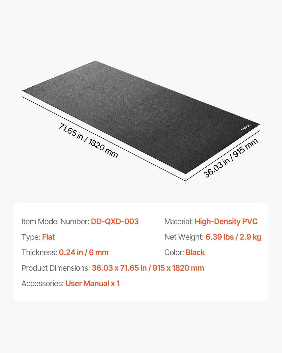Treadmill Mat for Carpet Floor, 6 mm Thick, 915x1820 mm Exercise Equipment Mat for Treadmills, Elliptical, Rowing Machine, High Density PVC Floor Protector, Waterproof and Non-slip for Home Gym