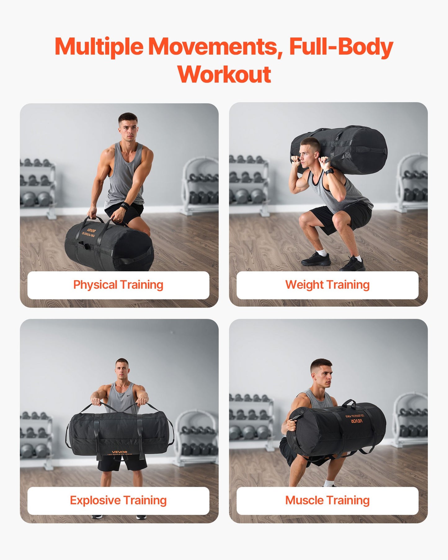 Workout Sandbag, Heavy Duty Workout Power Bags with Handles, 56-90 kg Adjustable Slam Bag for Fitness Strength Weight Training Cross-Training, Home Gym Exercise, Black (Unfilled)