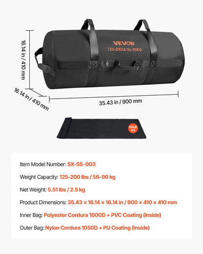 Workout Sandbag, Heavy Duty Workout Power Bags with Handles, 56-90 kg Adjustable Slam Bag for Fitness Strength Weight Training Cross-Training, Home Gym Exercise, Black (Unfilled)