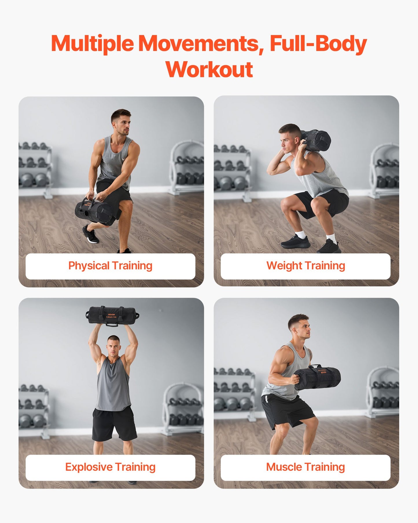 Träningssandsäck, kraftiga träningspåsar med handtag, 2-11 kg justerbar sandsäck för fitnessstyrka, viktträning, crosstraining, hemmagym, svart (ofylld)