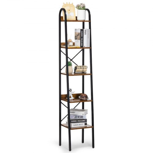 Metal Bookshelf, 5-Tier Industrial Bookshelf, Tall Narrow Rustic Vintage Storage Bookcase with Open Shelves, Freestanding Display Shelving Unit Storage Rack, for Living room, Bedroom & Office