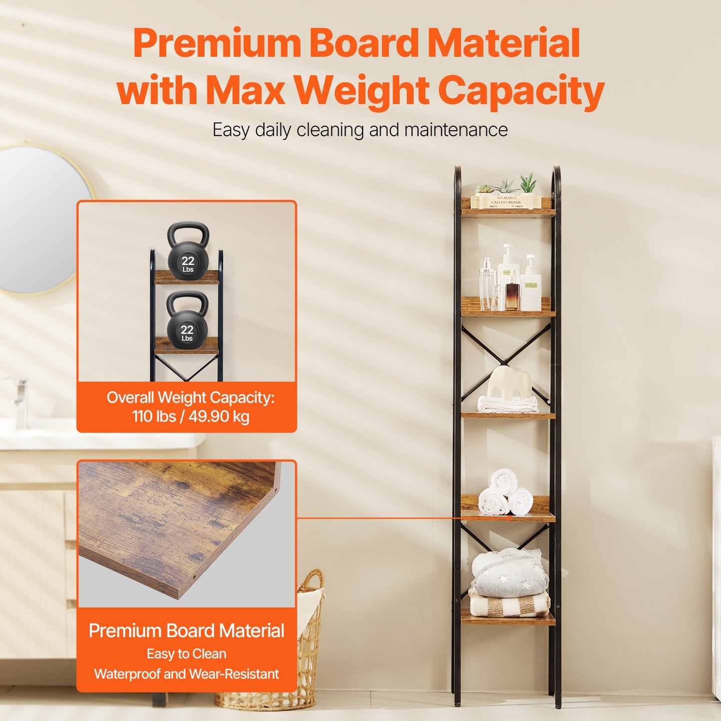 Metallbokhylla, industriell bokhylla med 5 våningar, hög smal rustik vintage förvaringsbokhylla med öppna hyllor, fristående displayhylla, för vardagsrum, sovrum och kontor